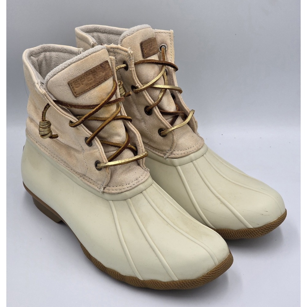 Sperry Waterproof Duck Booties Saltwater Canvas Oat/Gold‎ STS80493 Wmns Size 9